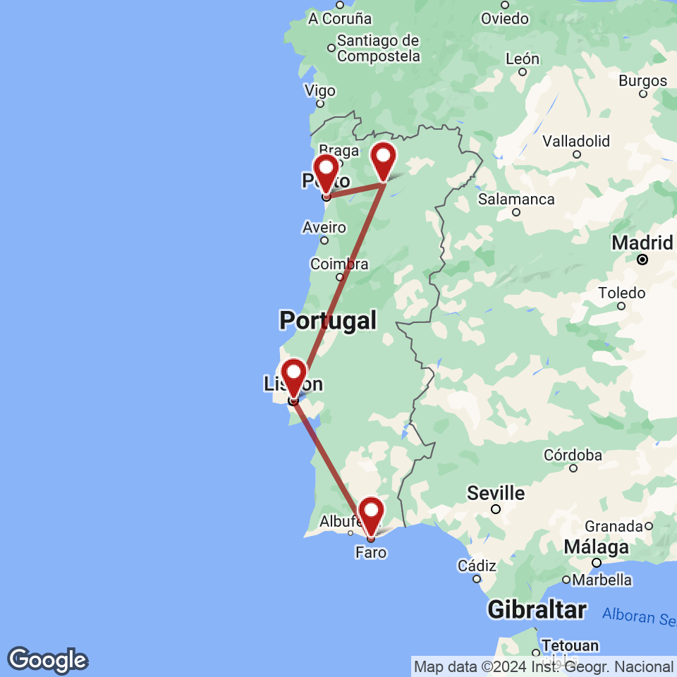 Route for Porto, Douro Valley, Lisbon, Algarve tour
